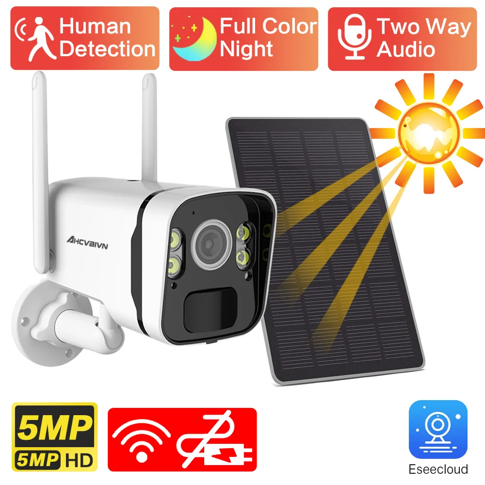 Ahcvbivn Wifi Telecamera Solare 5Mp Pir Rilevamento Umano 2K Sicurezza Esterna Con Pannello Solare Telecamera Di Sorveglianza Wireless