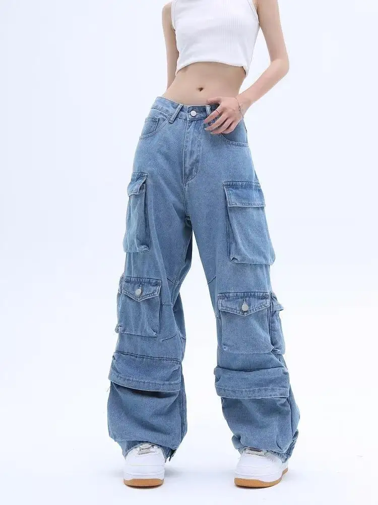 Tasca Tinta Unita Tuta Jeans Donna Y2K Street Retro Sciolto Gamba Larga Tuta Coppia Casual Joker Mopping Jeans Pantaloni Donna
