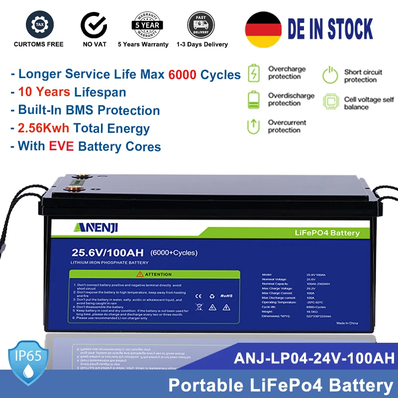 Batteria Anenji Lifepo4 24V 100Ah 2560Wh Litio Ferro Fosfato Pack Bms Integrato 6000 Cicli Per Sistema Di Energia Solare Rv Golf Car