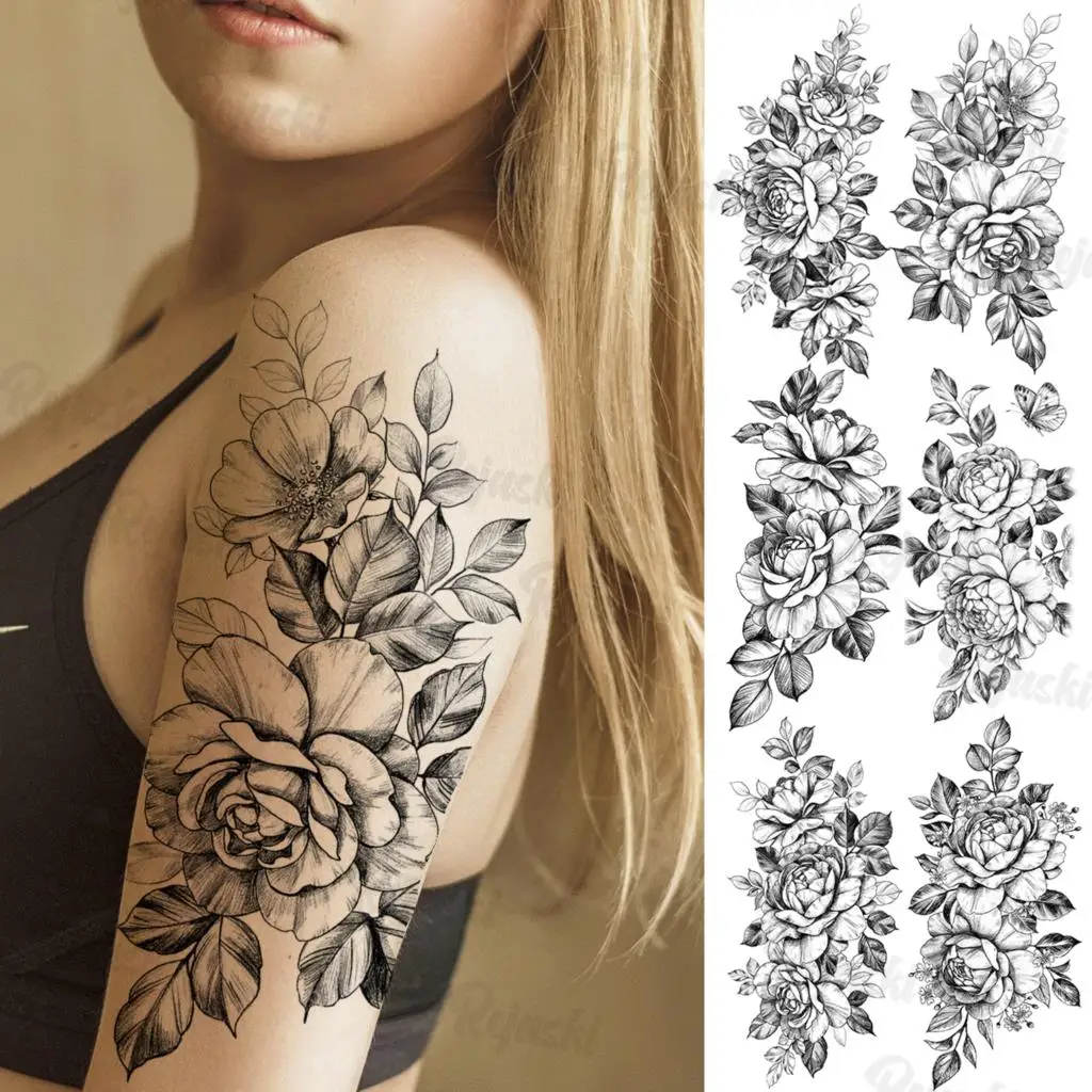 Black Lotus Temporary Tattoos For Women Adults Realistic Rose Flower Waterproof Fake Tattoo Sticker Arm Waist Tatoos Large 3D