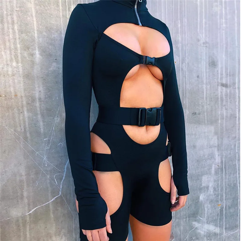 Hirigin Women Bodycon Buckle Cut Out Biker Pagliaccetti Sexy Maniche Lunghe Scava Fuori Clubwear Body One Piece Short Jumpsuit Pants