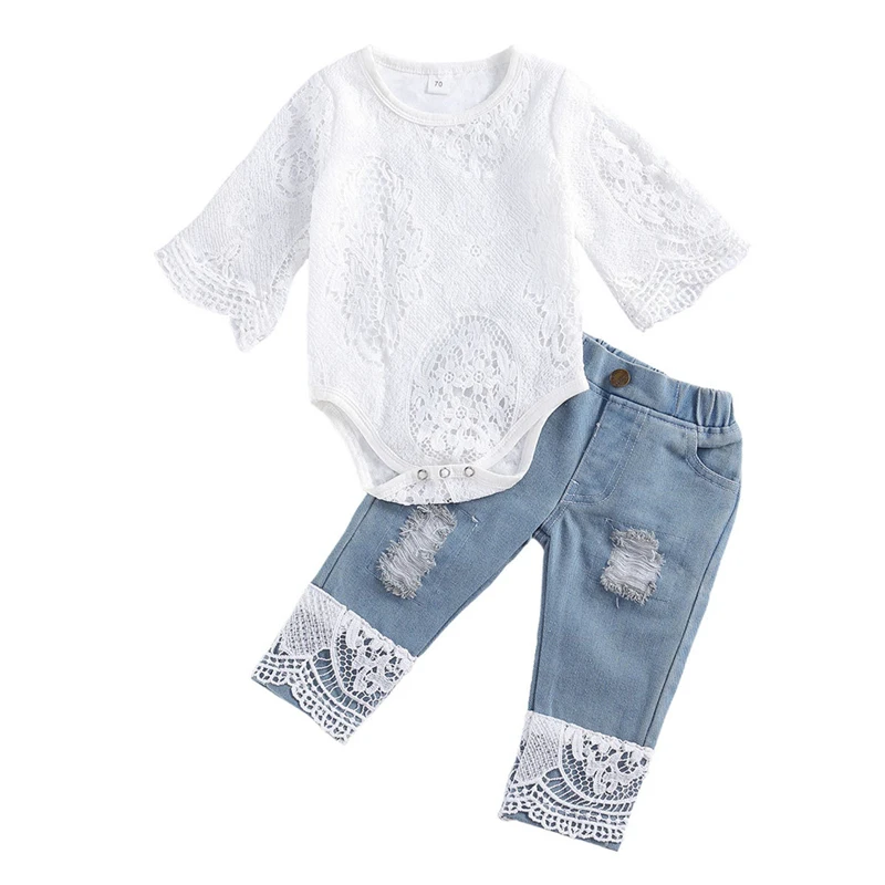 Lioraitiin New 0-24M Neonate Vestiti Autunnali Manica Lunga Pagliaccetto In Pizzo Vestito Triangolo Cavallo Pizzo Foro Superiore Jeans Lunghi 2 Pezzi 