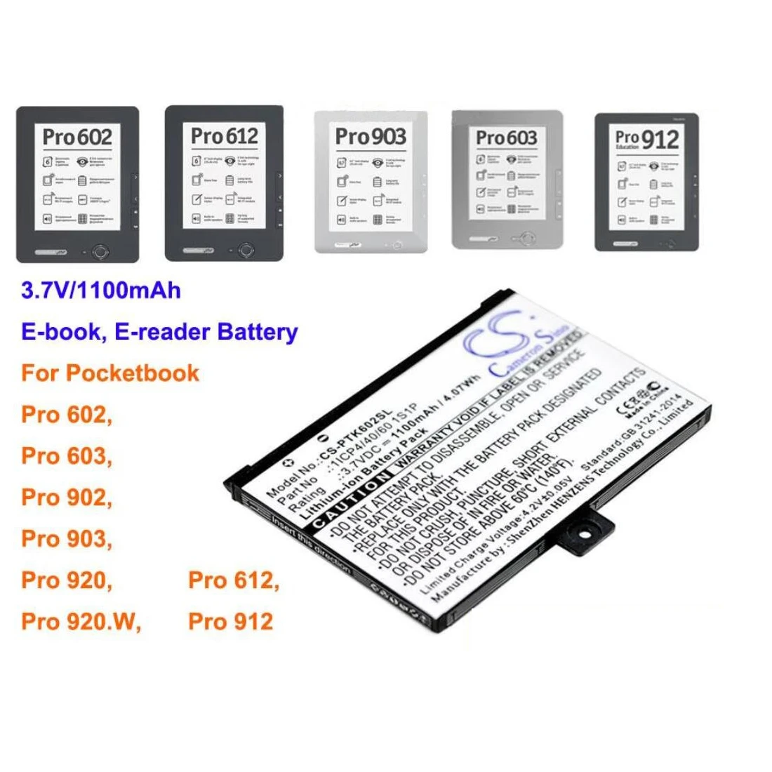 Batteria E-Reader Cameron Sino 1100Mah Per Pocketbook Pro 602, Pro 603, Pro 612, Pro 902, Pro 903, Pro 912, Pro 920, Pro 920.W