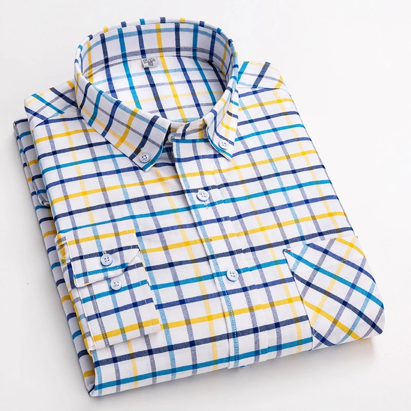 Men Casual Shirt 100% Cotton Oxford Long Sleeve Plaid Shirt For Man Casual White Checkered Male Clothing Solid Print Easy Care