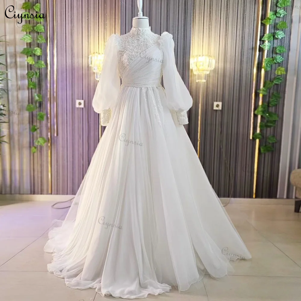 Ciynsia Abiti Da Sposa Musulmani Romantici Per La Sposa 2023 Robe De Mariee Princesse A-Line Abiti Da Sposa In Pizzo Con Perline Con Maniche