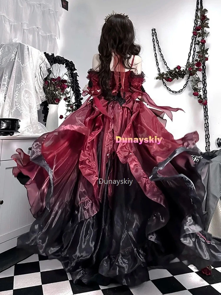 Abito Da Sposa Fiore Rosso Sposa Scuro Cos Abito Lolita Abito Op Lolita Heavy Industry Trail Puffy Princess Dress, Lolita Cosplay