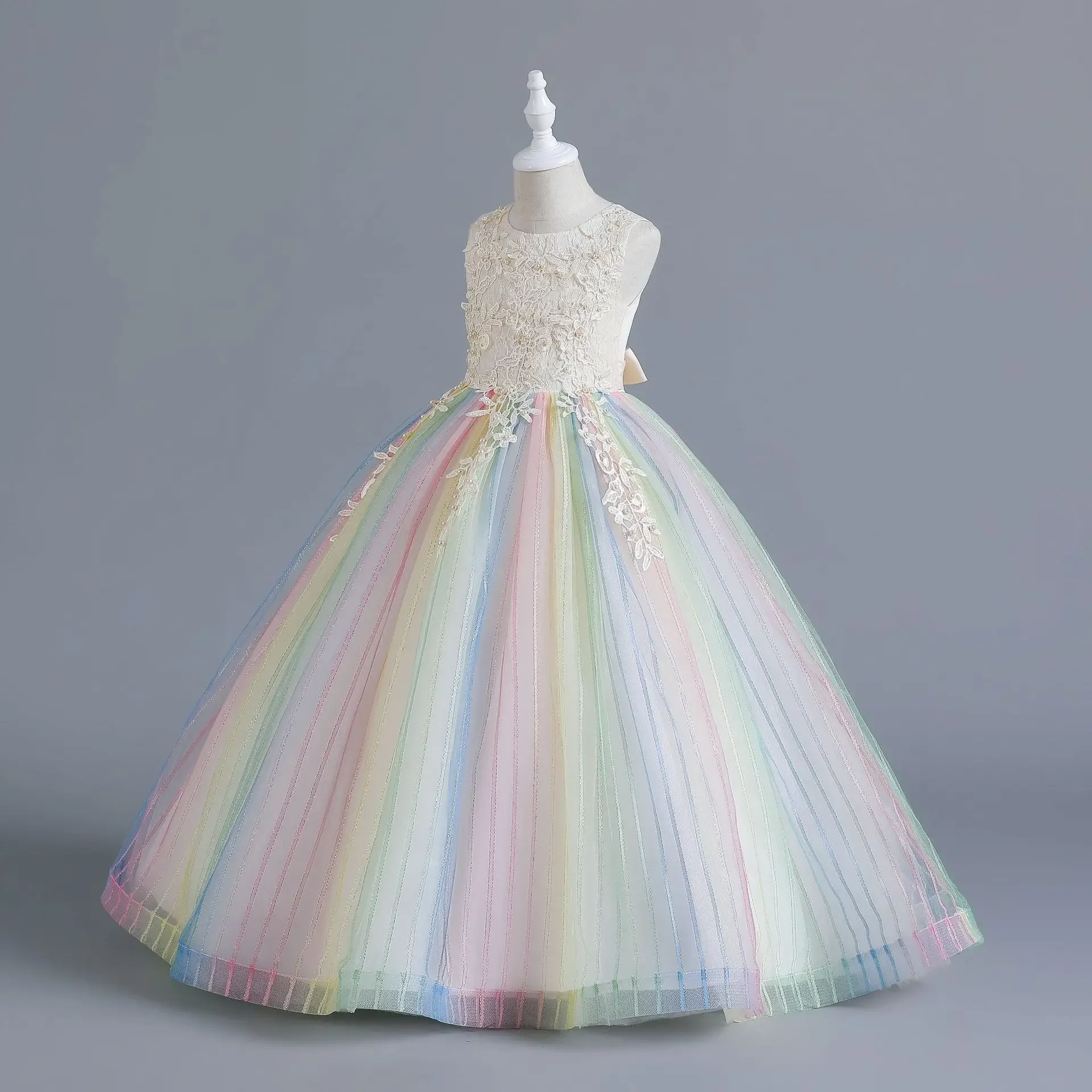 Abito Da Sera Per Ragazza In Tulle Arcobaleno Abito Da Spettacolo Per Bambini Lungo In Pizzo Champagne Per Feste Di Matrimonio 10 12 14 Anni Robe Prin
