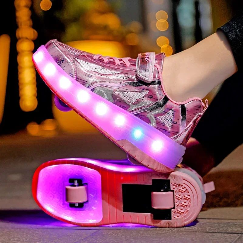 New Hot Style Kids Led Usb Charging Roller Skate Shoes Ragazze Ragazzi Glowing Light Up Bambini Sneakers Luminose Con Due Ruote