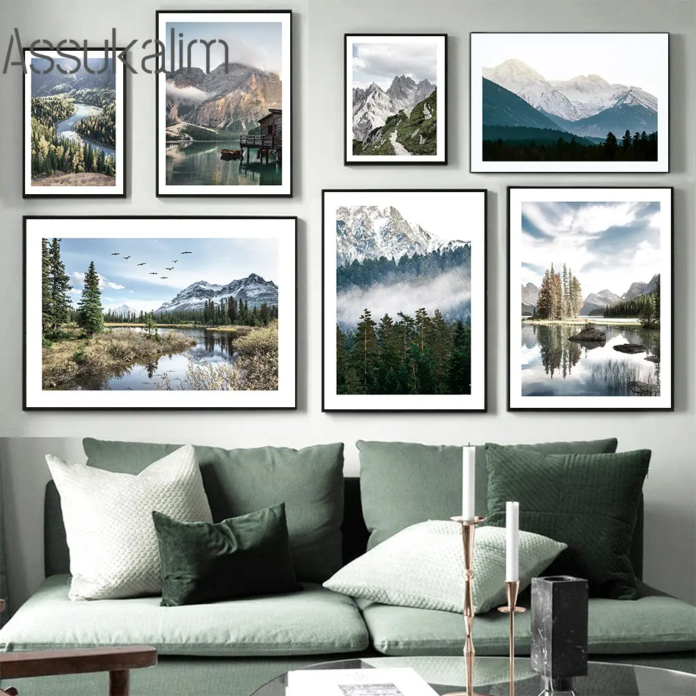 Natural Landscape Art Prints Lake Grass Art Prints Forest Mountain Fog Canvas Poster Nordic Wall Poster Decorazione Del Soggiorno