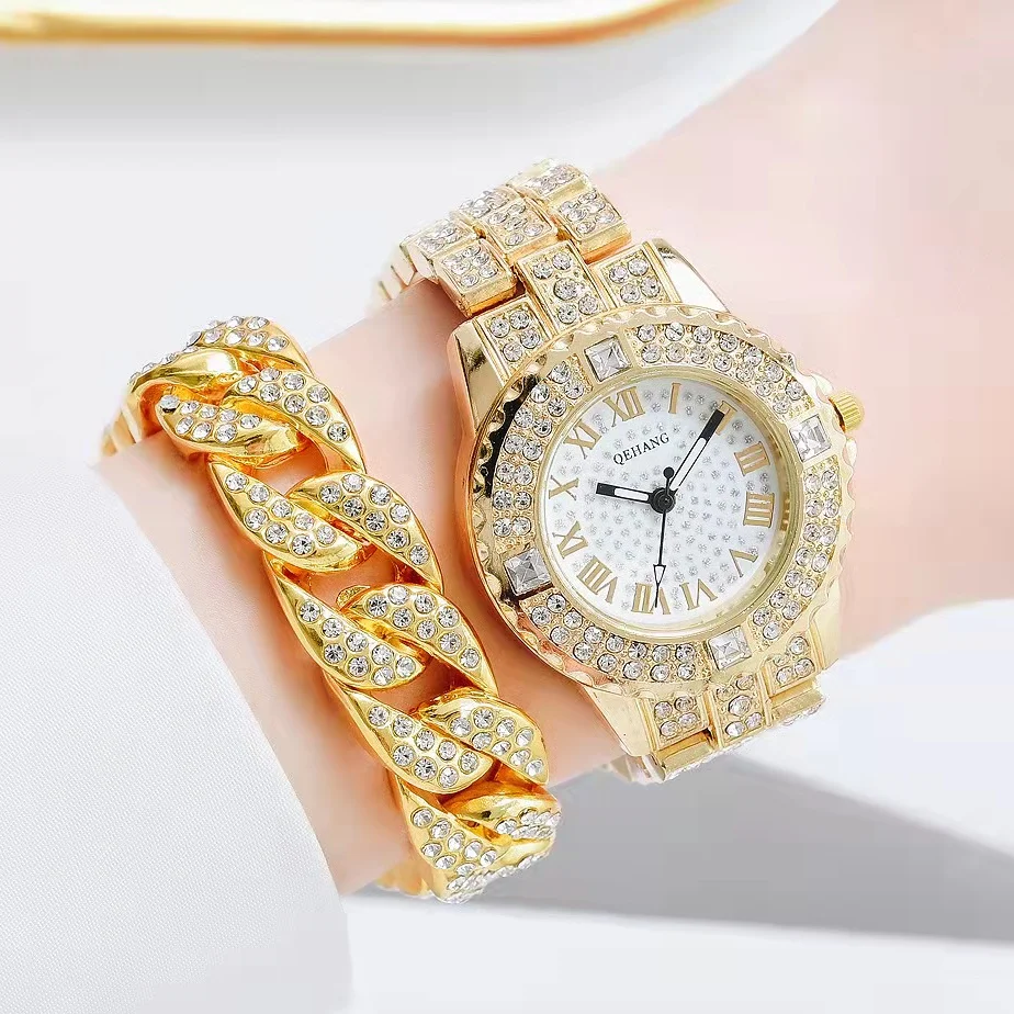 Semplice Orologio Ghiacciato + Bracciale A Catena Cubana Per Donna Bling Miami Orologio In Oro Di Lusso Gioielli Da Donna All'Ingrosso Relojes Para Mu