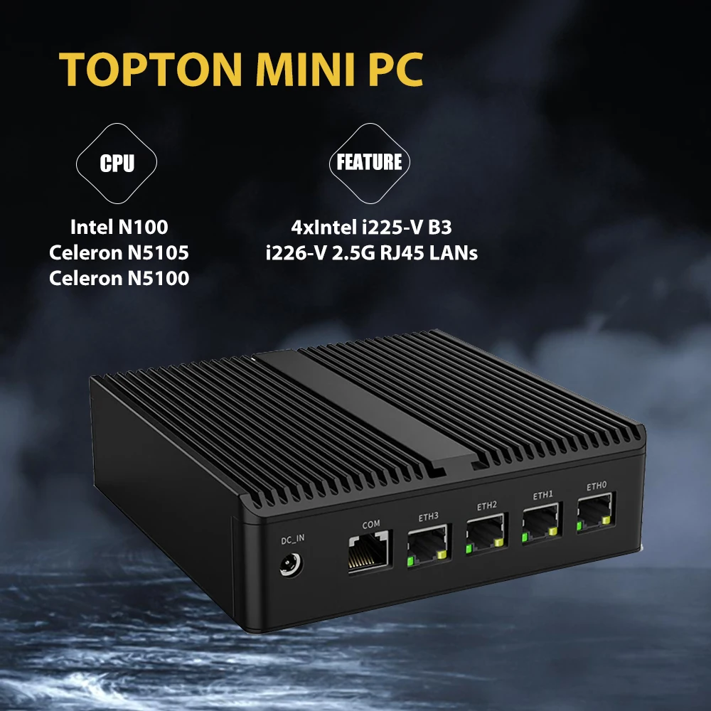 Topton Cheap Firewall Micro Appliance 4 Porte I225/I226 2.5Gbe Lan Fanless Mini Pc N5100 N100 Aes-Ni Router Vpn Openwrt Household
