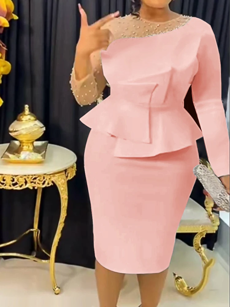 Abito Elegante Con Volant Rosa Donna Manica Lunga Con Perline In Rete Patchwork Peplo Matita Sottile Parte Da Sera Africana Abiti Da Evento Della Chie