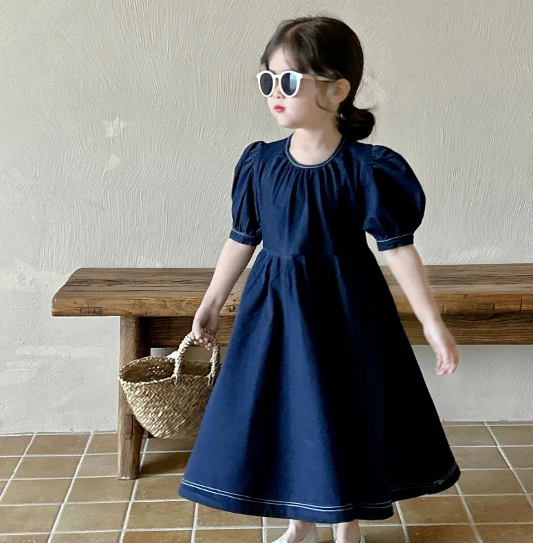 Vendita Al Dettaglio New Baby Summer Girls Jean Preppy Style Dress, Princess Kids Sweet Dress Holiday 2-7T