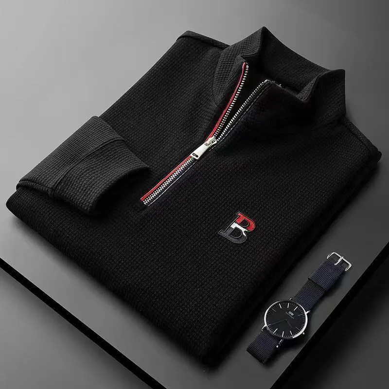 Light Luxury Waffle Autunno Inverno Caldo Collo In Piedi Mezza Zip Maglione Per Uomo Sciolto Ricamo B Lettera Cappotto