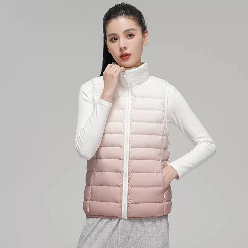 2023 Primavera/Autunno Nuova Donna Colletto Alla Coreana Slim Fit Senza Maniche Piumino Moda Donna Gradiente Ultra Leggero Piumino