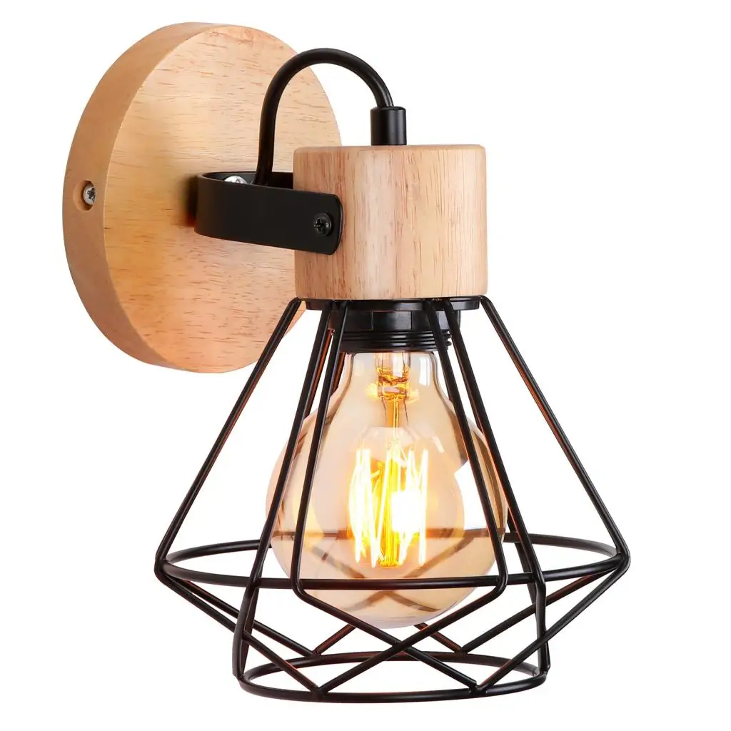 Loft Lampade Da Parete In Legno Di Ferro Americano Paralume Vintage Cage Guard Sconce Loft Lighting Fixture Modern Indoor Lighting Applique Da Parete