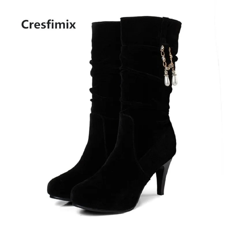 Cresfimix Bottes Femme Moda Donna Stivali Lunghi Caldi Autunno E Inverno Di Alta Qualità Lady Stivali Neri A Metà Polpaccio Comodi A3067
