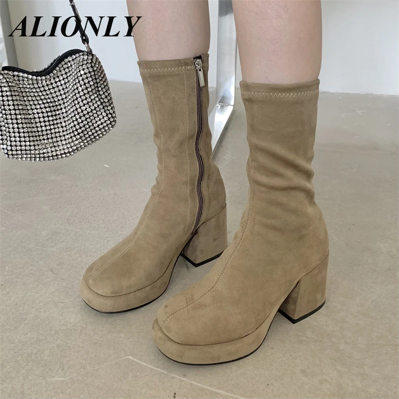 Alilonly Women'S 2023 New Style Mid Boots Sexy Chunky Heel Suede Pu Stivali Con Plateau Semplici Stivaletti Con Tacco Alto Bottes Femme