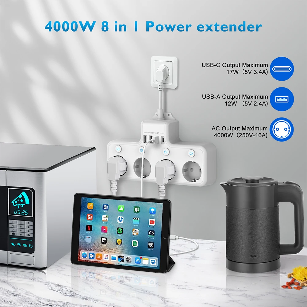 16A 4000W Spina Ue Ciabatta Porta Usb A 4 Vie Presa Elettrica Ciabatta Adattatore Domestico Commutabile Individualmente Protezione Da Sovratensione