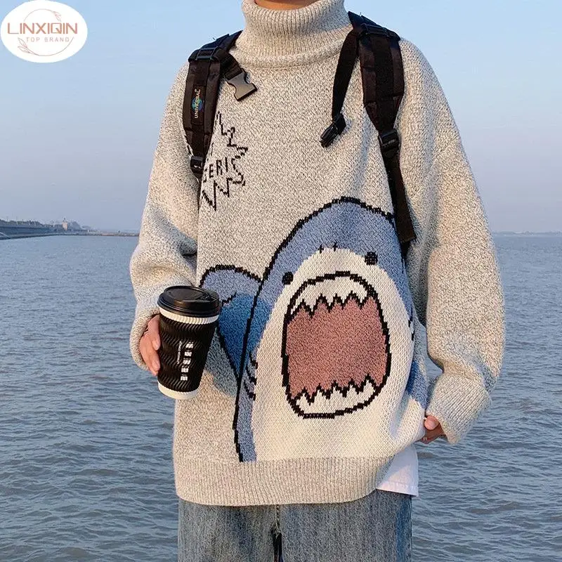 Linxiqi Uomo Dolcevita Squalo Maglione Uomo 2024 Inverno Patchwor Harajuku Stile Coreano Collo Alto Oversize Grigio Dolcevita Per Uomo