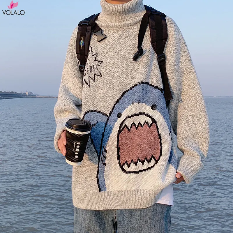 Volalo Uomo Dolcevita Squalo Maglione Uomo 2023 Inverno Patchwor Harajuku Stile Coreano Collo Alto Oversize Grigio Dolcevita Per Uomo