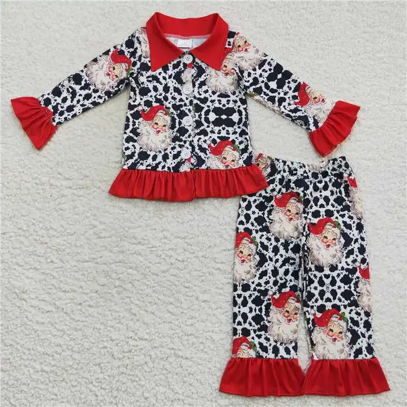Vendita Calda All'Ingrosso Natale Santa Mucca Stampa Colletto Rosso Bottone In Pizzo Manica Lunga Pantaloni Vestito Per Neonate Ragazzi Vestiti