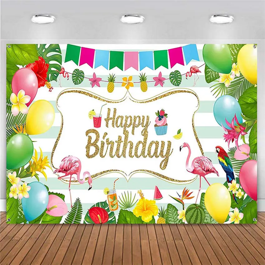 Estate Hawaiana Festa Di Compleanno Sfondo Flamingo Fiori Tropicali Fotografia Sfondo Hawaiano Luau Beach Table Banner Booth
