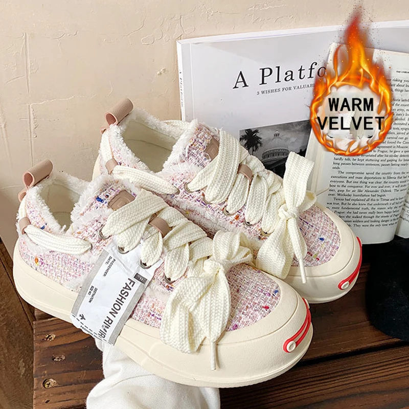 2022 Lady Thick Warm Velvet Bottom Canvas Smile Toe Sneakers Womens Vulcanize Shoe Lace Up Flat Platform Scarpe A Testa Tonda Femminili