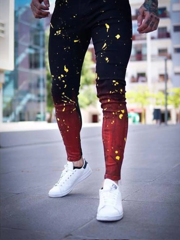 Jeans Skinny Da Uomo Designer Splice Spray Lacca Pantaloni A Matita Jeans Hip Hop Neri Rossi Di Alta Qualità Streetwear Pantaloni In Denim Da Uomo