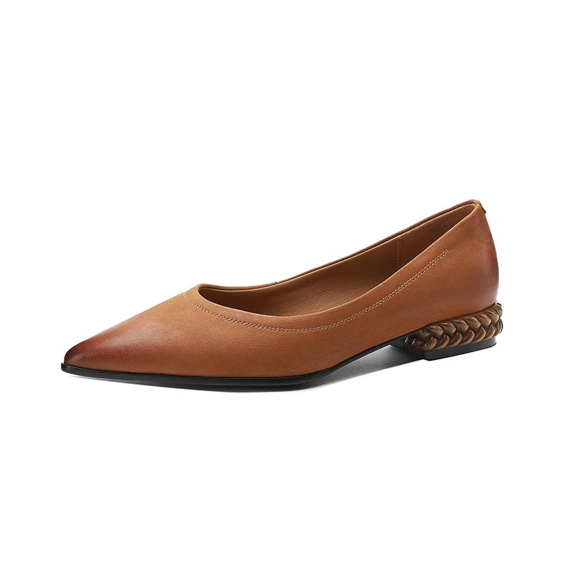 2023 Spring Women'S High Heels Natural Leather Upper Pointed Low Heels Women'S Shoes Fashion Retro Thick Heels Women'S Shoes