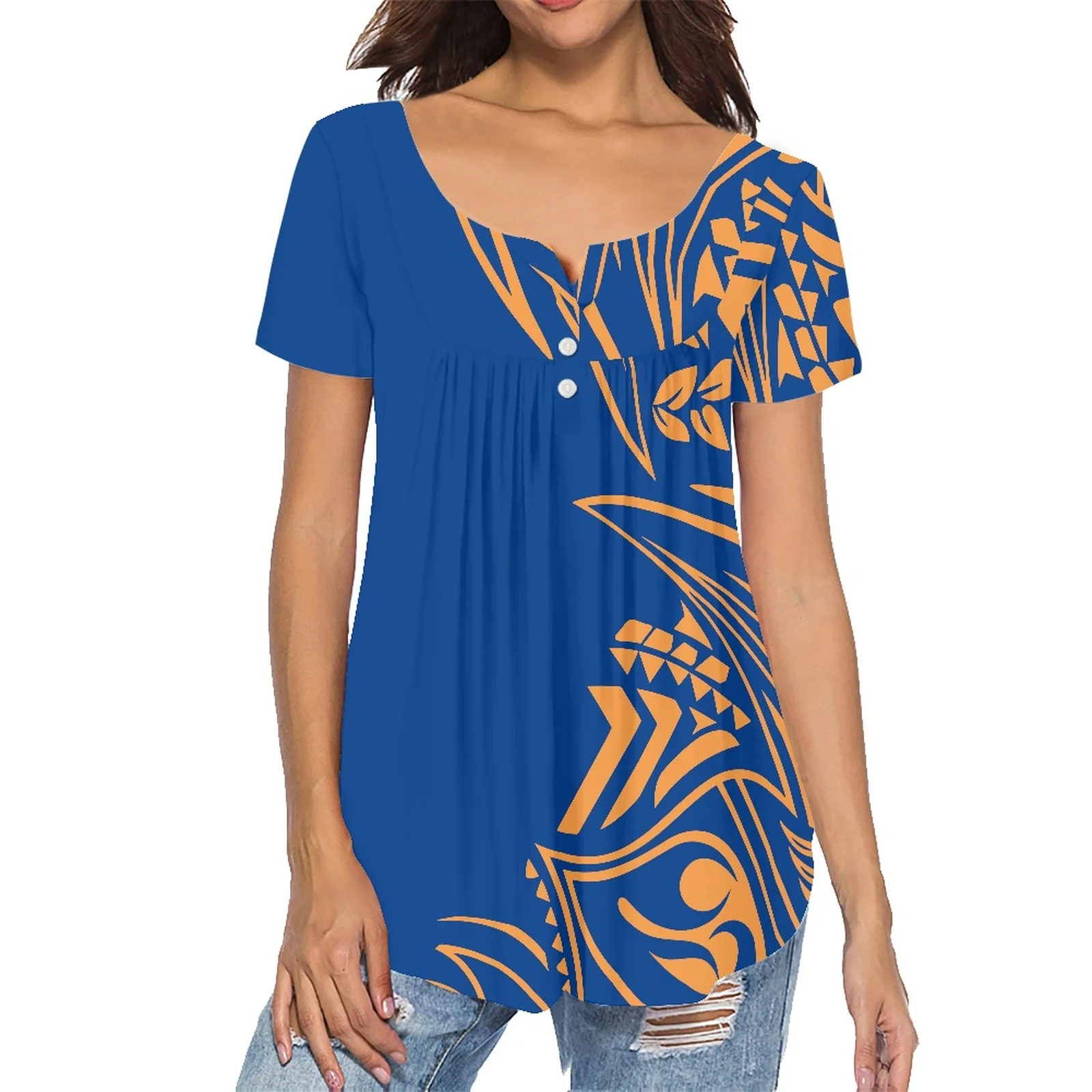 Summer Girl Trendy Shirt Island Wear Tattoo Print Polynesian Tribal Luxury Ladies Sexy Scollo A V Top Ladies Camicia Con Fibbia Pieghettata