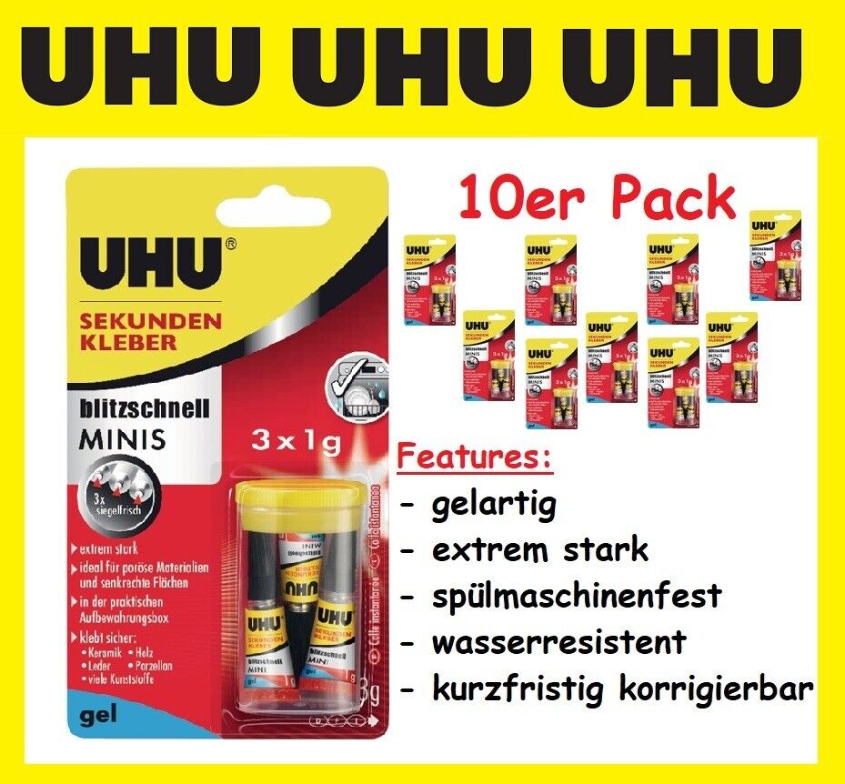 10 X Uhu Sekundenkleber Gel Blitzschnell Minis 3X1G Tuben Kleber Extrem Stark