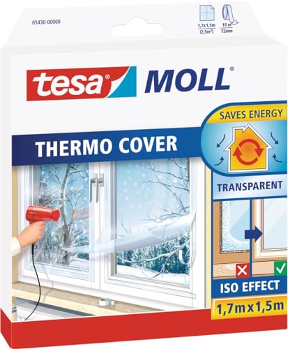 Tesamoll Thermo Cover Fenster-Isolierfolie - Transparente Isolierfolie Zur Wärmedämmung An Fenstern - Inklusive Praktischer Klebelösung - 1,7 M X 1,5 