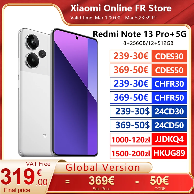 Xiaomi Redmi Note 13 Pro + Plus 5G Smartphone Versione Globale Nfc 12Gb + 512Gb 200Mp Ois Tripla Fotocamera 120Hz Amoled 120W Carica