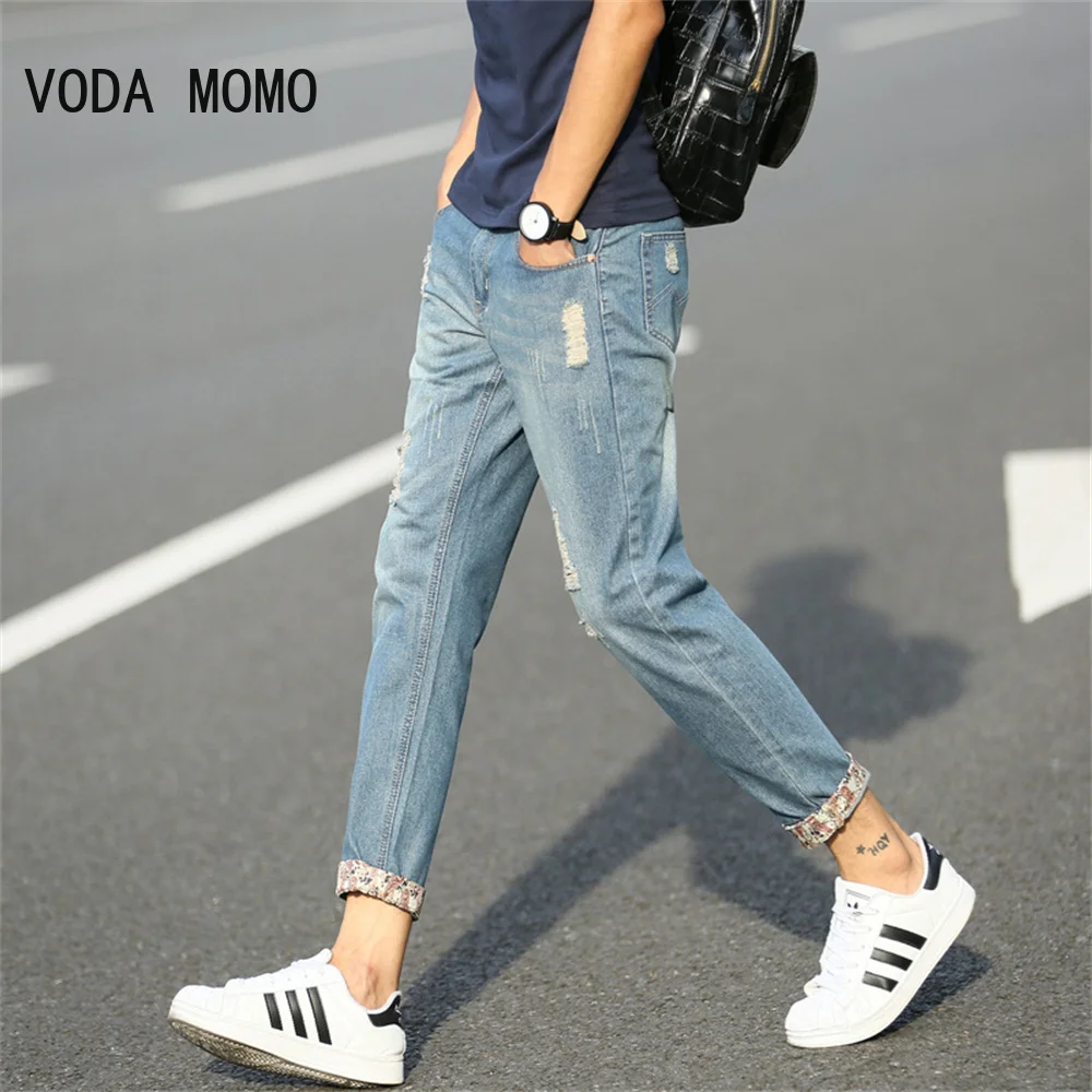 Mens Ripped Skinny Jeans Blue Slim Fit Hole Pencil Pants Casual Biker Trousers Streetwear 2022 High Quality Denim Man Clothing