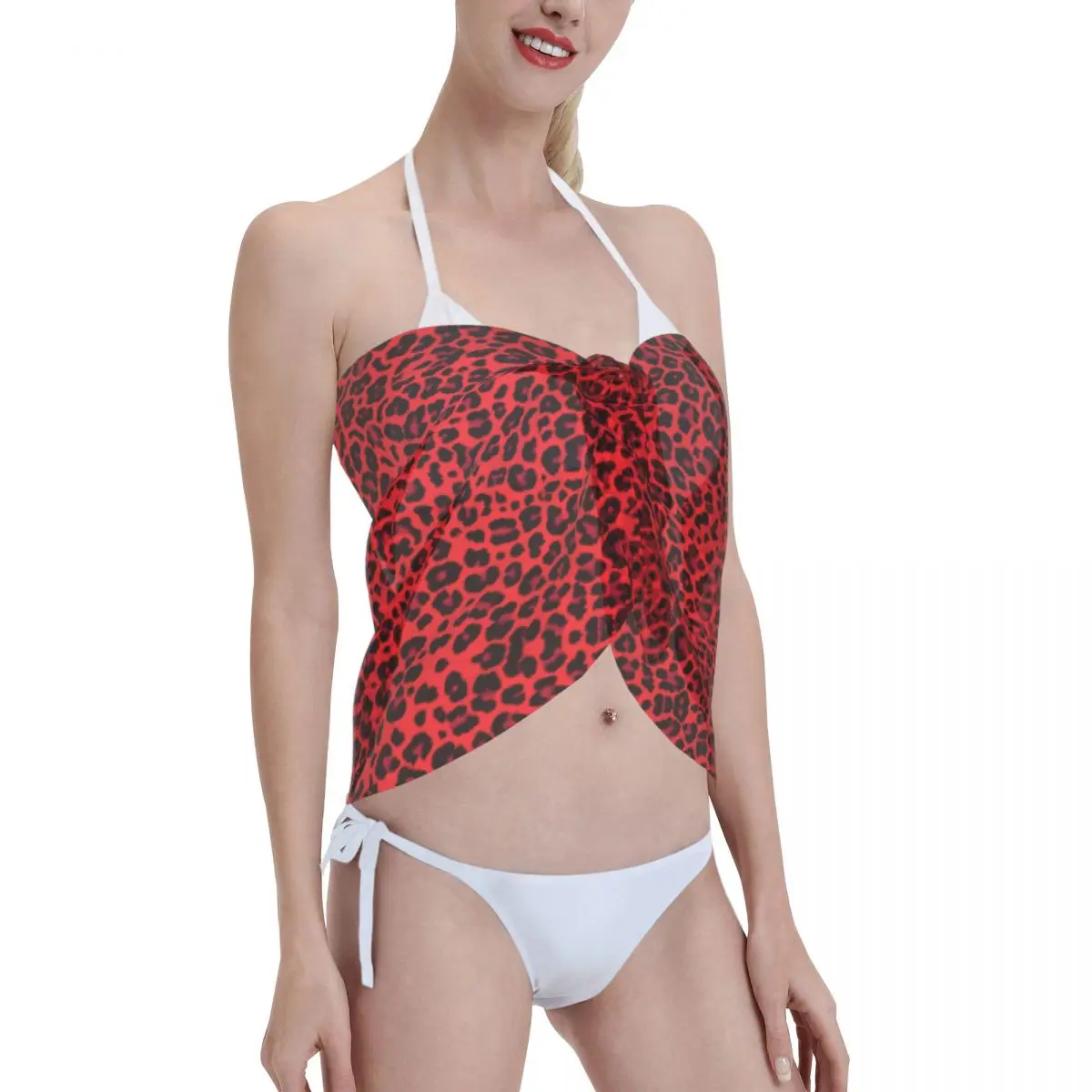 Sexy Women Leopard Printed Red Perspective Scarf Cover Ups Bikini Cover-Up Sarong Ladies Skirt