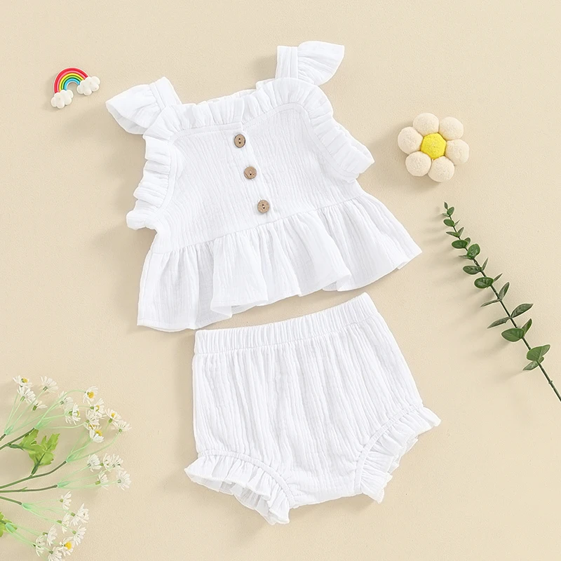 Pantaloncini Da Bambina Per Neonato Completo Di T-Shirt Con Maniche A Balze Solide E Pantaloncini Con Volant Set Di Vestiti Estivi Da 2 Pezzi