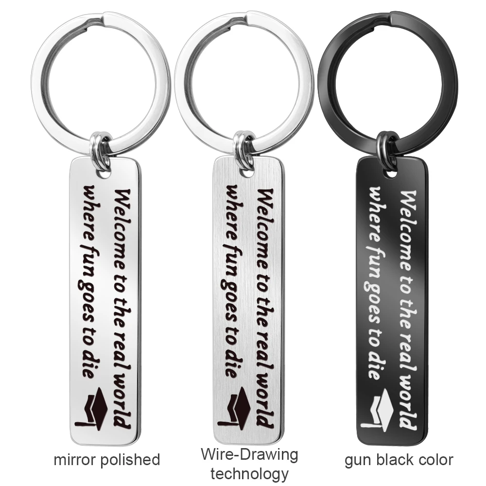 Mylongingcharm Portachiavi In Acciaio Inox-Regalo Di Laurea Portachiavi-Benvenuto Per Il Mondo Reale Dove Divertimento Va A-12 X 50Mm G3624