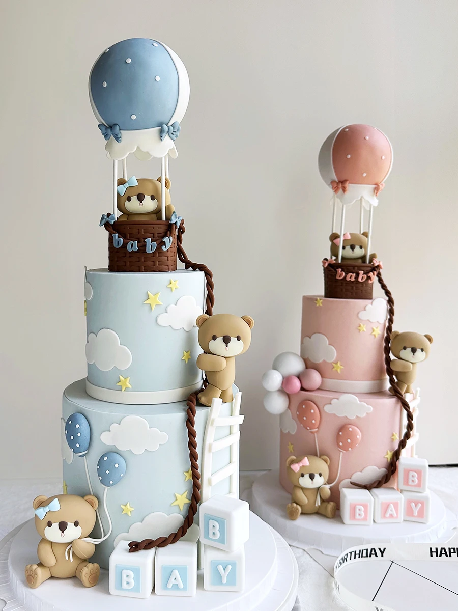 Cartoon Cake Topper Pink Blue Bear Baby Doll Boy Girl Happy 1St Birthday Cake Decoration Gender Reveal Baby Shower Ornamenti Per Auto
