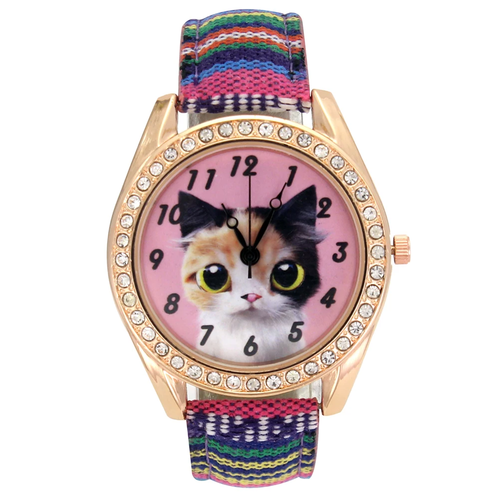 Cat Pet Women Fashion Luxury Rose Gold Crystal Dress Jewelry Denim Cloth Band Orologio Analogico