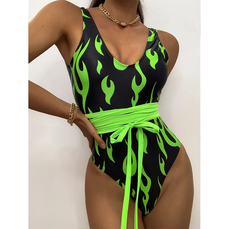 Costume Intero Sexy Costume Da Bagno Giallo Con Stampa Fuoco Costume Da Bagno Donna Monokini Retrò Taglio Alto Costume Intero Femminile Nuovo