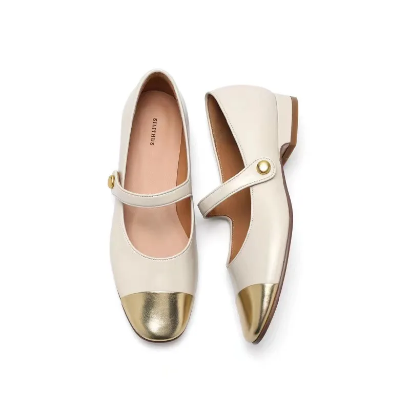 Mary Jane Scarpe Da Donna Con Suola Spessa Estate Punta Tonda Bocca Poco Profonda Color-Block Scarpe In Pelle Mary Jane Con Tacco Grosso