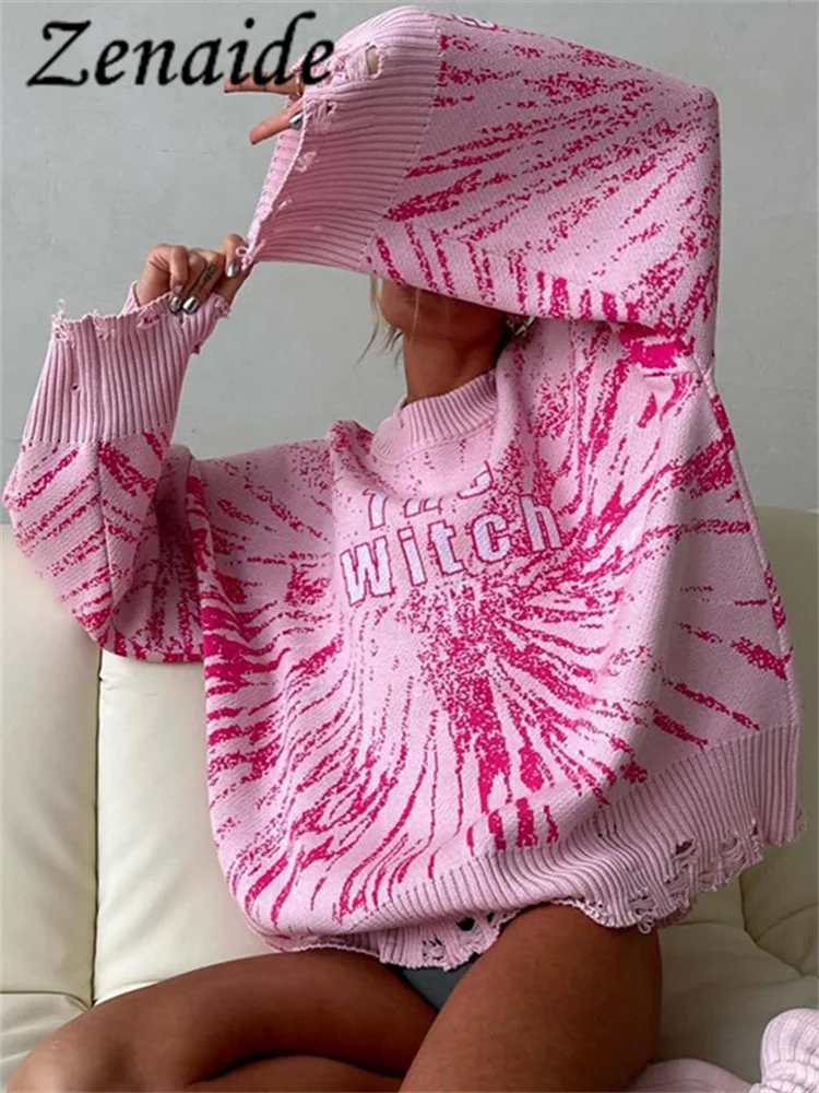 Zenaide Lettera Maglioni A Maniche Lunghe Top Maglioni Maglieria Rosa Maglioni Oversize Autunno Foro Dolcevita Pullover Harajuku Donna 2000S