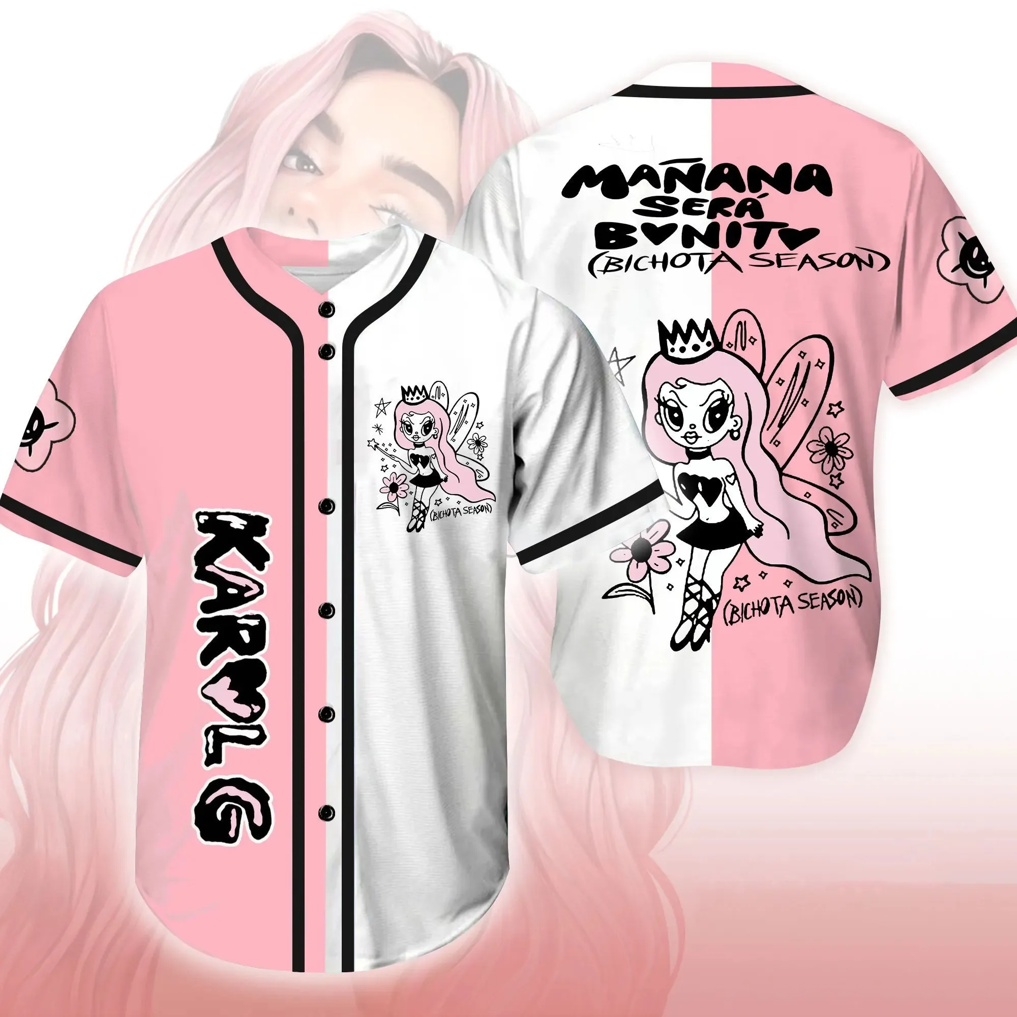 Karol G-T-Shirt Da Baseball Para Homens E Mulheres, Manga Curta, Casual, Uso Diaurio, 3D, Cor Rosa E Branco 2024