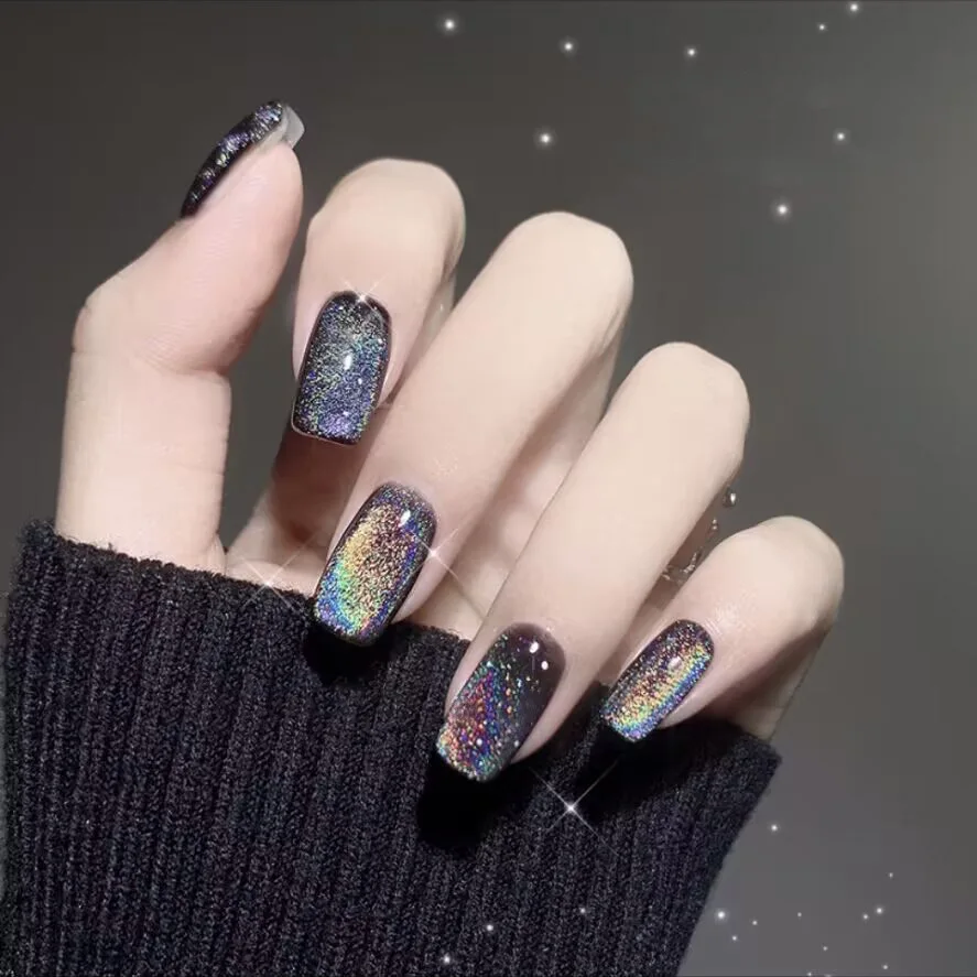 24Pcs Cat Eye Unghie Finte Stampa Sulle Unghie Toppa Per Unghie Rifinita Completa Arcobaleno Lucido Unghie Finte Indossabili Unghie Finte Per Ragazza 