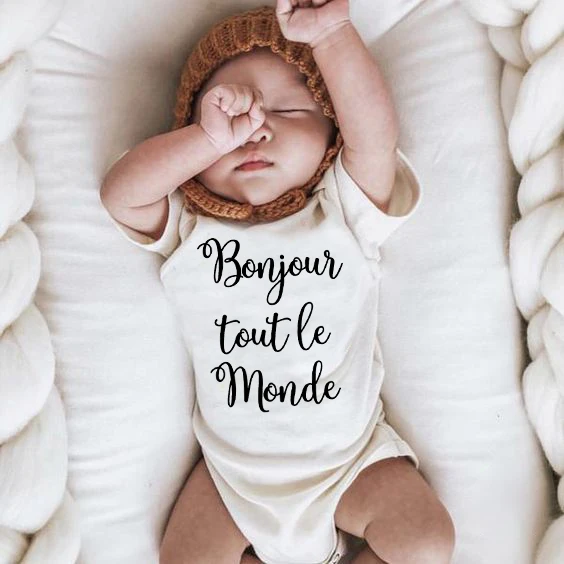 Bonjour Tout Le Monde French Newborn Baby Body Boy Girls Confortevole Nato Strisciante Manica Corta Tuta Neonato Doccia Regalo