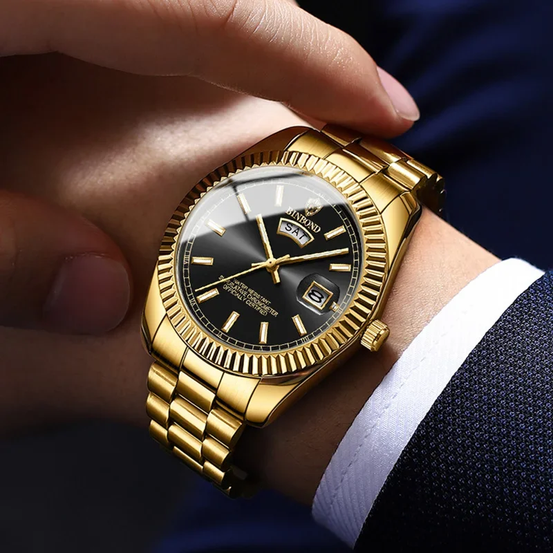 Reloj De Cuarzo Chapado En Oro De 18K Para Hombre, Cronógrafo De Marca Superior Con Fecha, Correa De Acero Para Ocio Y Negocios,