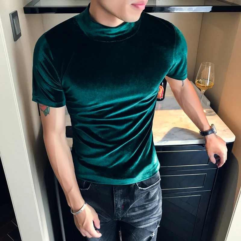 T-Shirt In Flanella Uomo Nero Estate T-Shirt Da Uomo Moda 2019 Dolcevita Tee Shirt Homme Slim Fit Playeras Stretto Verde Gomél Grigio
