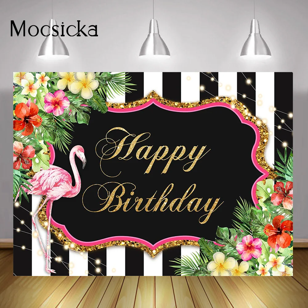 Fenicottero Buon Compleanno Sfondo Decorazione Strisce Foglie Verdi Aloha Fondale Per Feste Fiori Tropicali Fenicotteri Puntelli Di Compleanno