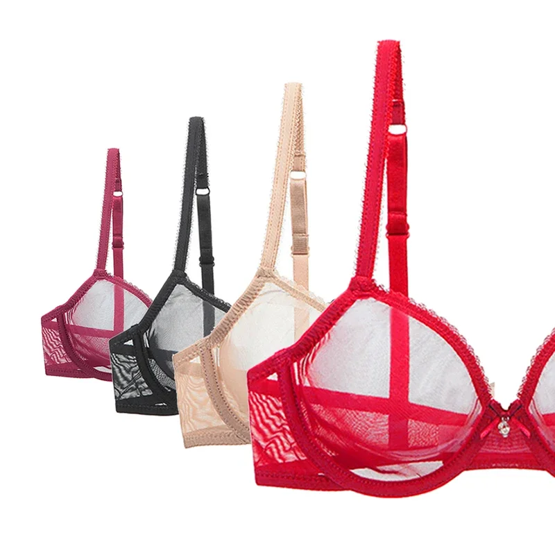 Nuovi Reggiseni Trasparenti Rossi Per Le Donne Plus Size Lingerie Sexy Push Up Lace Mesh Girls Bra Top See Through White Black 40 42 A B C D
